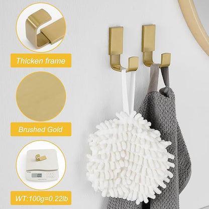 BESy Brass Clothes Hook Single Towel Hook for Bathroom Kitchen Garage Square Style Robe Hooks Coat and Hat Hook, Self Adhesive with Glue or Wall Mounted with Screws, Brushed Gold