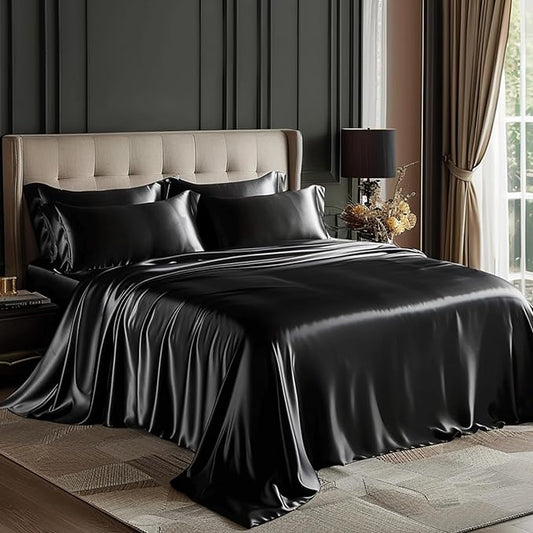 Love's cabin California King Satin Sheet Sets - 4 Piece Black Silky Sheets Bed Set with Deep Pocket, Luxury Silk Feel Satin Cal King Sheet Set (1 Flat Sheet,1 Fitted Sheet,2 Pillow Cases)