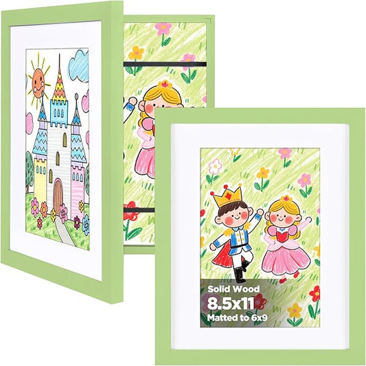 KINLINK 8.5x11 Kids Art Frames Set of 2, Solid Wood Kids Artwork Frames Changeable with Acrylic Front Opening Holds 150 Pictures, Art Frame for Kids Artwork with Mat or without Mat, Light Green