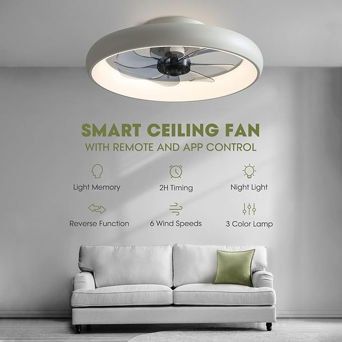 Ceiling Fans with Lights and Remote, 20'' Low Profile Flush Mount, 6 Wind Speeds, Modern Dimmable LED Ceiling Fan, Smart Ceiling Fan for Bedroom, Kids Room (White)