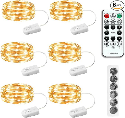 6PCS Fairy Lights Battery Powered with Remote, 7ft 20LEDs Warm White Twinkle Mini Lights with Timer, Waterproof Small Silver Wire Firefly Starry for DIY Wedding Party Christmas