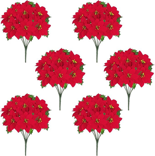 Christmas Decorations - 6 Pack Poinsettias Artificial Christmas Flowers, Fake Red Velvet Artificial Poinsettias Flowers for Christmas Tree Home Party Porch Yard Indoor Outdoor Decor