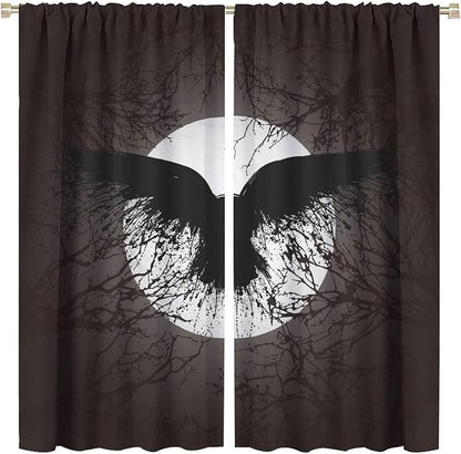 Cool Raven Print Curtains - Vintage Nordic Viking Theme Dead Tree Crow Full Moon Thermal Insulated Blackout Curtains - Rod Pocket Window Treatment Drapes for Bedroom 2 Panels 84L x 42W