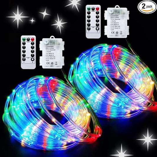 JMEXSUSS 2 Pack Christmas Lights Battery Operated Rope Lights Outdoor Waterproof Total 200LED 8 Modes Battery Powered String Lights with Remote for Car Trampoline Tree Christmas Decor (Multicolor)