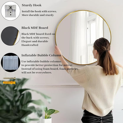 Gold Circle Mirror, Round Mirror 22 inch, Gold Wall Mirrors Metal Frame, Circle Mirrors for Bathroom, Bedroom, Living Room, Entryway.
