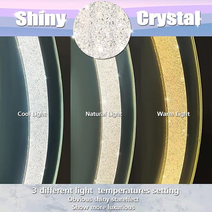 Crystal Oval Vanity Mirror with Lights 16 x 24 Inch Crystal Oval Lighted Mirror for Bathroom Wall Horizontal/Vertical Mount Makeup Table Diamond LED Ovals Mirrors Lights Smart 3 Color Antifog