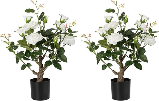 Artificial Rose Flower Trees 2 Pack- 24’’ Lifelike Plant in Pot with White Flowers Decorative Rose Trees for Home, Office, Wedding, and Event Decor, White