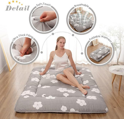 Japanese Floor Mattress Full, Futon Mattress with Storage Bag and Washable Cover, Roll Up Tatami Mat Suitable for Guest Room, Grey Cotton
