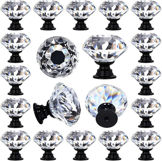 DEELF 26 Packs Kitchen Cabinet Knobs, 30 mm Crystal Cabinet Knobs, Diamond Dresser Handle Drawer Pulls, Dresser Knobs for Cabinets and Drawers, Black Base