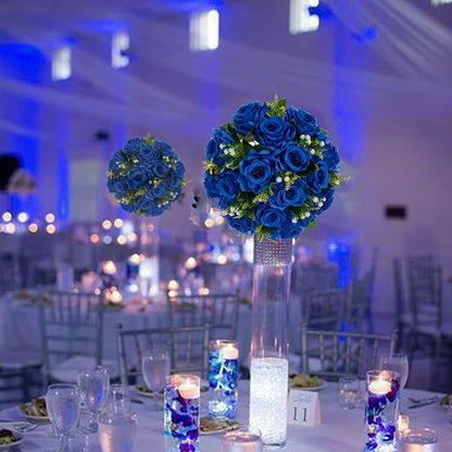 BLOSMON Royal Blue Artificial Flowers: 6 Pcs Fake Roses Flower Ball Centerpieces for Wedding Dinning Table - Faux Silk Kissing Bouquet with Base Floral Arrangement for Home Party Event Decor