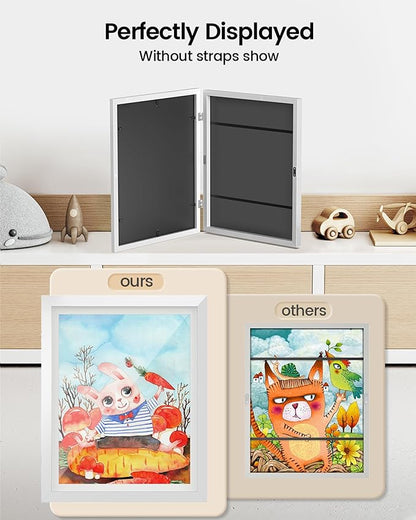 BAIJIALI White Art Frames for Kids Artwork - Front Opening Holds 150 Drawings, 3D Crafts - 4 Packs 8.5x11 with mat or 9x12 without Mat