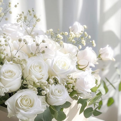 BLEUM CADE 50 Pcs White Roses Artificial Flowers, Real Touch Velvet Roses Fake Flowers Bulk, Artificial Roses Bouquet with Long Stems Bridal DIY Wedding Party Centerpiece Decorations