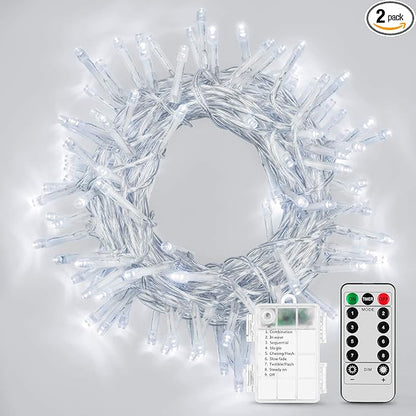 2 Pack 36ft 100 LED Battery Operated String Lights with Remote Timer Waterproof 8 Modes String Lights for Bedroom, Garden, Easter, Party, Christmas Indoor and Outdoor Decorations -Cool White
