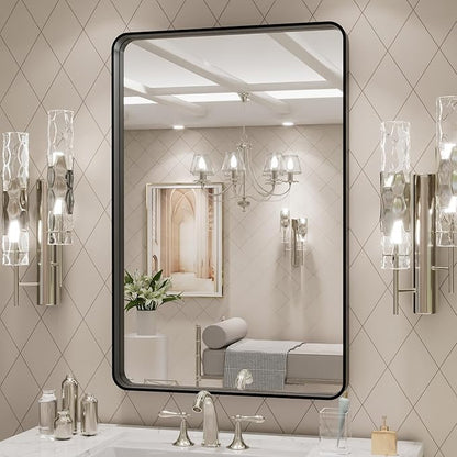 LOAAO 24X30 Inch Black Metal Framed Bathroom Mirror for Wall, Matte Black Bathroom Vanity Mirror Farmhouse, Large Rounded Rectangle Mirror, Anti-Rust, Hangs Horizontally or Vertically