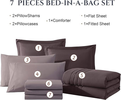 Monbix King Size Comforter Set - 7 Pieces Bed in a Bag King, ltalian Plum Bedding Sets with Comforter, All Seasons Down Alternative Comforter Bed Set with Sheets, Pillowcases & Shams
