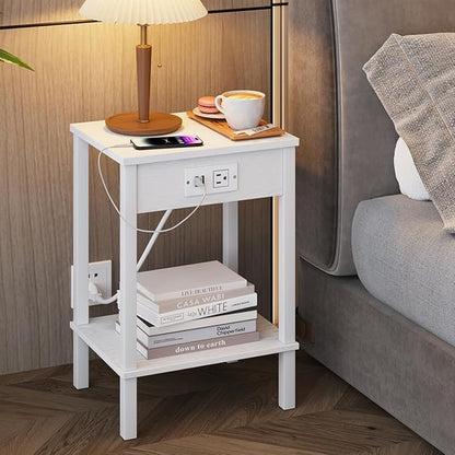 VIMBER Set of 2 End Table with Charging Station, Narrow Side Table with USB Ports and Outlets, Nightstands with 2-Tier Storage Shelves, Sofa Table for Small Space Living Room Bedroom, White UTBT102W2