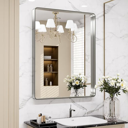 LOAAO 30X36 Inch Brushed Nickel Bathroom Mirror, Rounded Rectangle Silver Metal Frame Mirror, Brushed Nickel, Anti-Rust, Shatter Proof, Hangs Horizontally or Vertically