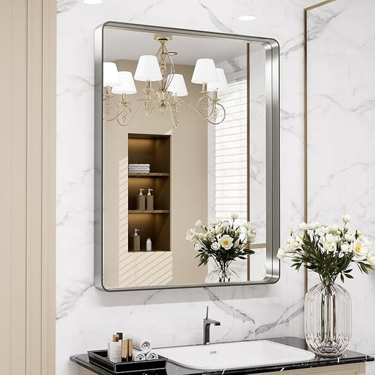LOAAO 32X36 Inch Brushed Nickel Bathroom Mirror, Rounded Rectangle Silver Metal Frame Mirror, Brushed Nickel, Anti-Rust, Hangs Horizontally or Vertically
