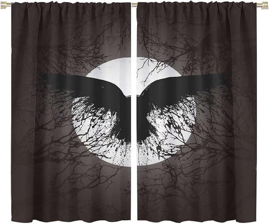 Cool Raven Print Curtains,Vintage Nordic Viking Theme Dead Tree Crow Full Moon Window Drapes Thermal Insulated Rod Pocket Blackout Drapes for Bedroom 2 Panels 63L x 36W