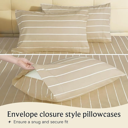 LuxClub 4 PC Queen Size Sheet Set Bed Sheets, Breathable Luxury Deep Pockets Wrinkle Free Cooling Sheets Machine Washable Hotel Bedding (Queen, Striped Cream)