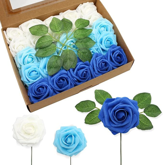 JOYLEX Artificial Flowers Realistic Roses, 50pcs Real Looking Fake Roses with Stem for DIY Wedding Bouquets Centerpieces Bridal Shower Party Home Romantic Decorations (50pcs, Shades of Blue)