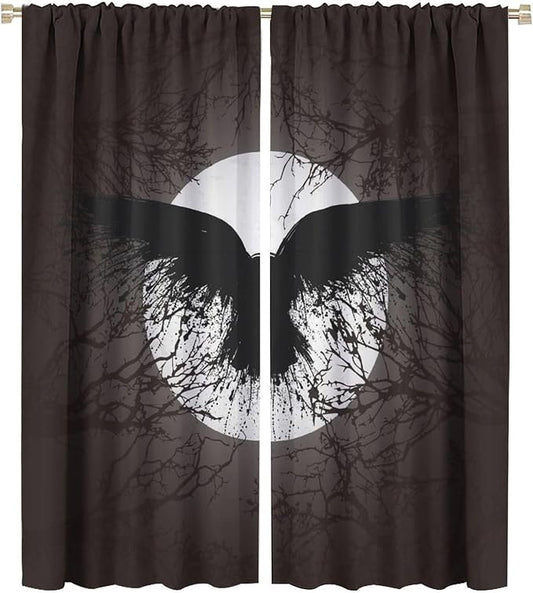 Cool Raven Print Curtains for Bedroom - Vintage Nordic Viking Theme Dead Tree Crow Full Moon Window Drapes,Energy Saving Thermal Insulated Rod Pocket Bedroom Blackout Curtains 2 Panels 54L x 21W