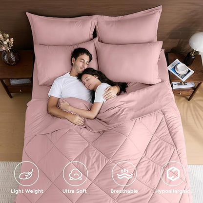 HEVUMYI Rose Gold Cali-King Comforter Set - 7-Piece All Season Bed in a Bag Cali-King, Ultra Soft Bedding Set with Comforter, Flat Sheet, Fitted Sheet, Pillowcases, Pillow Shams