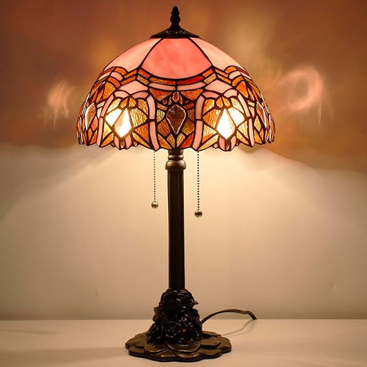 Tiffany Stained Glass Table Lamp 12X12X21Inch Resin Base Desk Bedroom Living Room Reading Light (Pink Jewelry)