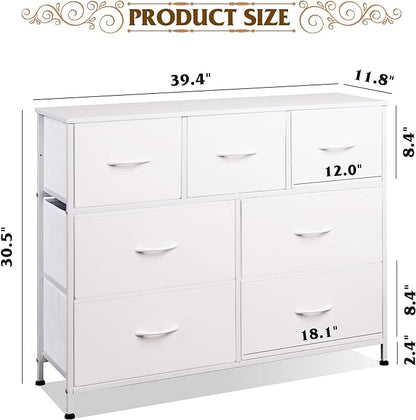 WLIVE 7 Drawer Dresser TV Stand, Dressers for Bedroom, Fabric Storage Tower, Hallway, Entryway, Closets, Sturdy Steel Frame, Wood Top, Easy Pull Handle, White