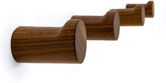 Natural Wooden Wall Mounted Hooks - Pack of 4 - Modern - Handmade Decorative Wood Pegs Minimalist for Hanging Hat, Coats (Black Walnut Wood)