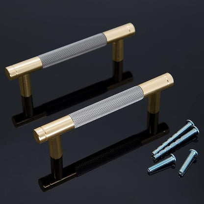 Knurled Cabinet Pulls 6 Pack, 5 Inch Long Cabinet Handles Metal Door Pulls, Kitchen Drawer Pull Knurled Dresser Handles - 3 3/4" Hole to Hole, Grey & Gold
