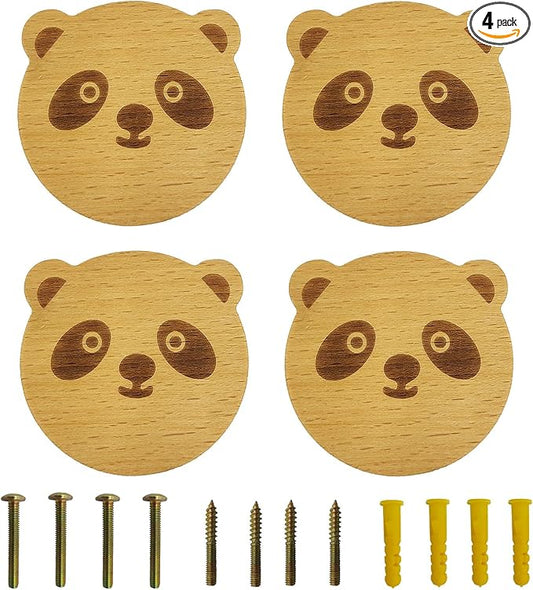 4PCS Wooden Panda Shaped Cabinet Knobs, Cabinet Handles, Single Hole Beech Wood Handles, Wood Hooks with Full Set of Screw Accessories