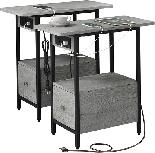 LIDYUK End Table with Charging Station, Narrow Side Table with Drawer and USB Ports & Power Outlets, Nightstand Bedside Tables for Small Spaces, Bedroom, Living Room, Light Grey, Set of 2