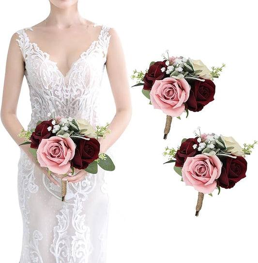 Set of 2 Artificial Bridesmaid Bouquets Blush & Burgundy -7 Inch Silk Rose Wedding Flower Bouquets for Bridesmaid Holding Flowers , Bridal Shower, Wedding Centerpiece Ceremony and Anniversary