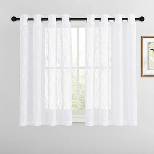RYB HOME Short Sheer Curtains - Linen Textured Small Window Curtains Semi Sheer Drapes Privacy Breathable Drapery Filter Sunlight for Kitchen, Nursery, RV, W 52" x L 45", 2 Panels, White