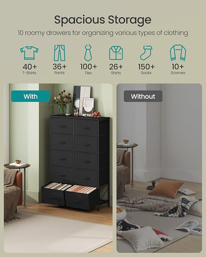 SONGMICS Dresser for Bedroom, Chest of Drawers, Steel, MDF, 10 Non-Woven Fabric Drawers, Storage Organizer Unit, Closet, Entryway, Rustic Brown and Ink Black ULGS125B01S