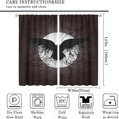 Cool Raven Print Curtains,Vintage Nordic Viking Theme Dead Tree Crow Full Moon Window Drapes Thermal Insulated Rod Pocket Blackout Drapes for Bedroom 2 Panels 63L x 36W