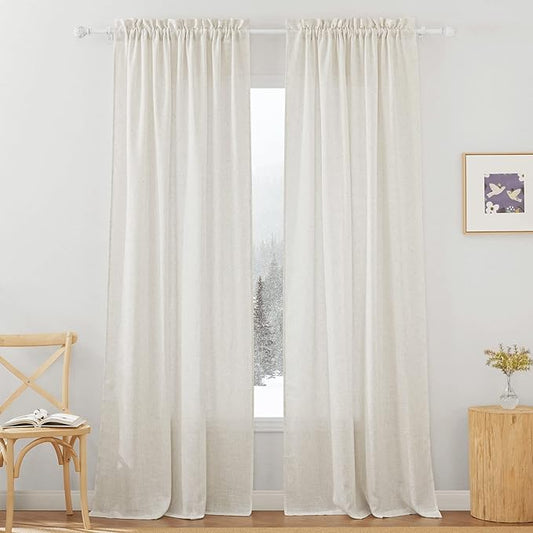 RYB HOME Thick Linen Curtains, Extra 66 inches Widith Light Filtering Semi Translucent Farmhouse Window Treatments for Home Office Living Room Bedroom, W 66 x L 95 inches, Linen, 2 Panels