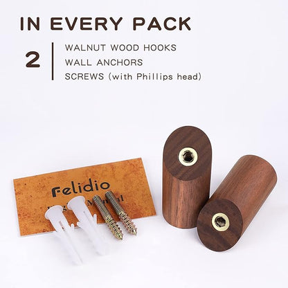 Wooden Wall Hooks, 2 Pack Coat Hooks Wall Mount, Natural Wood Hooks Coat Rack, Heavy Duty Hooks for Hanging Towels Entryway Coats Hat Rack for Wall (Walnut Wood)