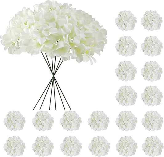 20 Pcs White Hydrangea Artificial Flowers Bulk, Faux Hydrangea Flowers Heads, Artificial Fake Silk Hydrangea Flowers with Stems, White Flowers Artificial for Decoration Wedding Décor