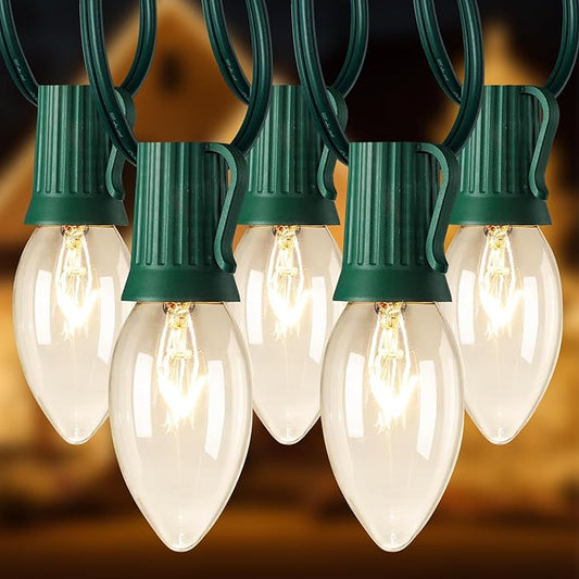 C9 Christmas Lights Outdoor 50FT Warm White Clear Haning Vintage C9 String Lights for Christmas Tree Indoor Room Outdoor Roof Patio Party Xmas Home Decoration, 50 +2 Bulbs, E17 Base, Green Wire