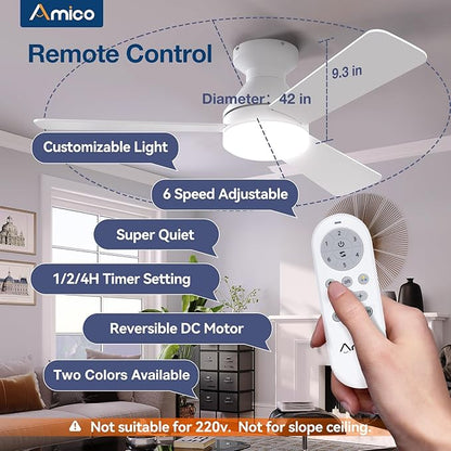 Amico Ceiling Fans with Lights, 42 inch Low Profile Ceiling Fan with Light and Remote Control, Flush Mount, Reversible, 3CCT, Dimmable, Noiseless, White Ceiling Fan for Bedroom, Indoor/Outdoor Use