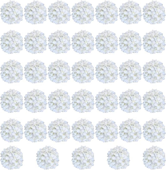 White Hydrangea Artificial Flowers Bulk, 40 Pcs Faux Hydrangea Flowers Heads, Artificial Fake Silk Hydrangea Flowers with Stems, White Flowers Artificial for Decoration Wedding Décor