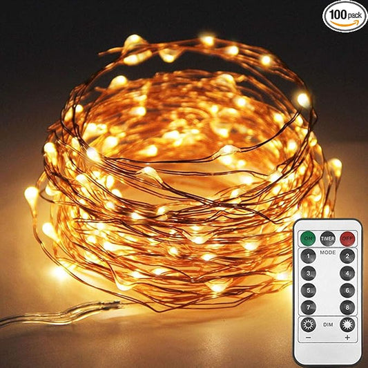 Twinkle Star 33ft 100LED Copper Wire String Lights Fairy String Lights 8 Modes USB Powered with Remote Control for Wedding Party Home Christmas Decoration, Warm White