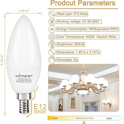 comzler Type B Small Light Bulb, Candelabra LED Light Bulb E12 Small Base 4000K Neutral White - 60watt Equivalent,600LM,Non-Dimmable Candelabra Bulbs, Pack of 6, Non-Dimmable