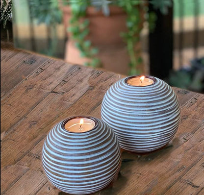 Tuva Orb Candle Holders (Gift Boxed Set of 2), Table Centerpieces for Dining or Living Room, Spa, Bathroom, Kitchen Counter, Mantle or Coffee Table Decor (Light Brown and White)