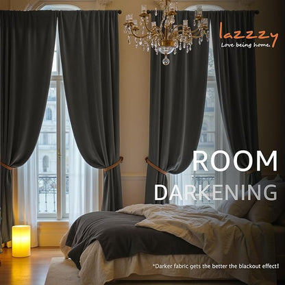 Lazzzy Velvet Blackout Curtains Thermal Insulated Room Window Drapes Super Soft Luxury Curtains for Living Room Bedroom Rod Pocket 2 Panels, Grey, 52" W x 96" L