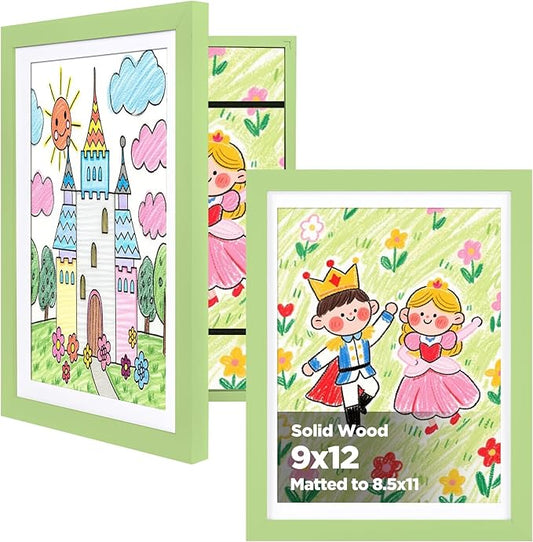 KINLINK 9x12 Kids Art Frames Set of 2, Solid Wood Kids Artwork Frames Changeable with Acrylic Front Opening Holds 150 Pictures, Art Frame for Kids Artwork with Mat or without Mat, Light Green