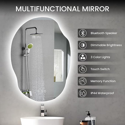 Irregular Led Bathroom Mirror with Bluetooth, 22 x 30 Inch Lighted Mirrors, Backlit Mirror with Anti-Fog, Memory Function, 3 Color Temperature, Dimmable Asymmetrical Led Mirror