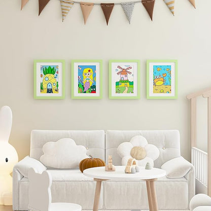 KINLINK 8.5x11 Kids Art Frames Set of 2, Solid Wood Kids Artwork Frames Changeable with Acrylic Front Opening Holds 150 Pictures, Art Frame for Kids Artwork with Mat or without Mat, Light Green